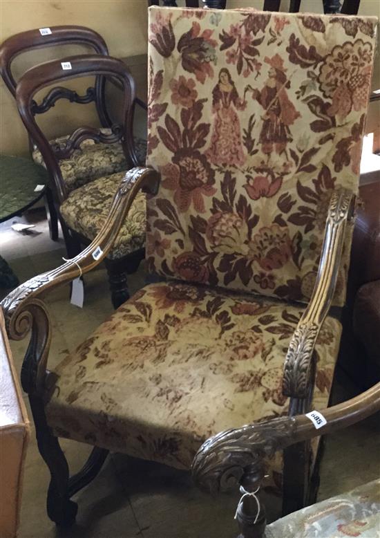 Louis XIV style carved oak fauteuil, covered in cut velvet